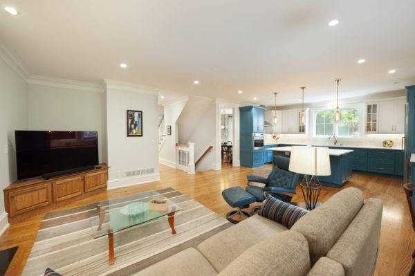 Open-concept living room and kitchen area.