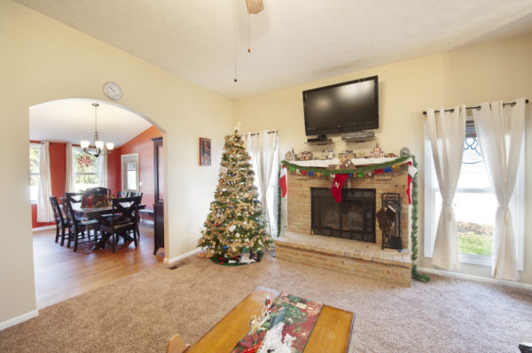 Living room with Christmas tree and fireplace.