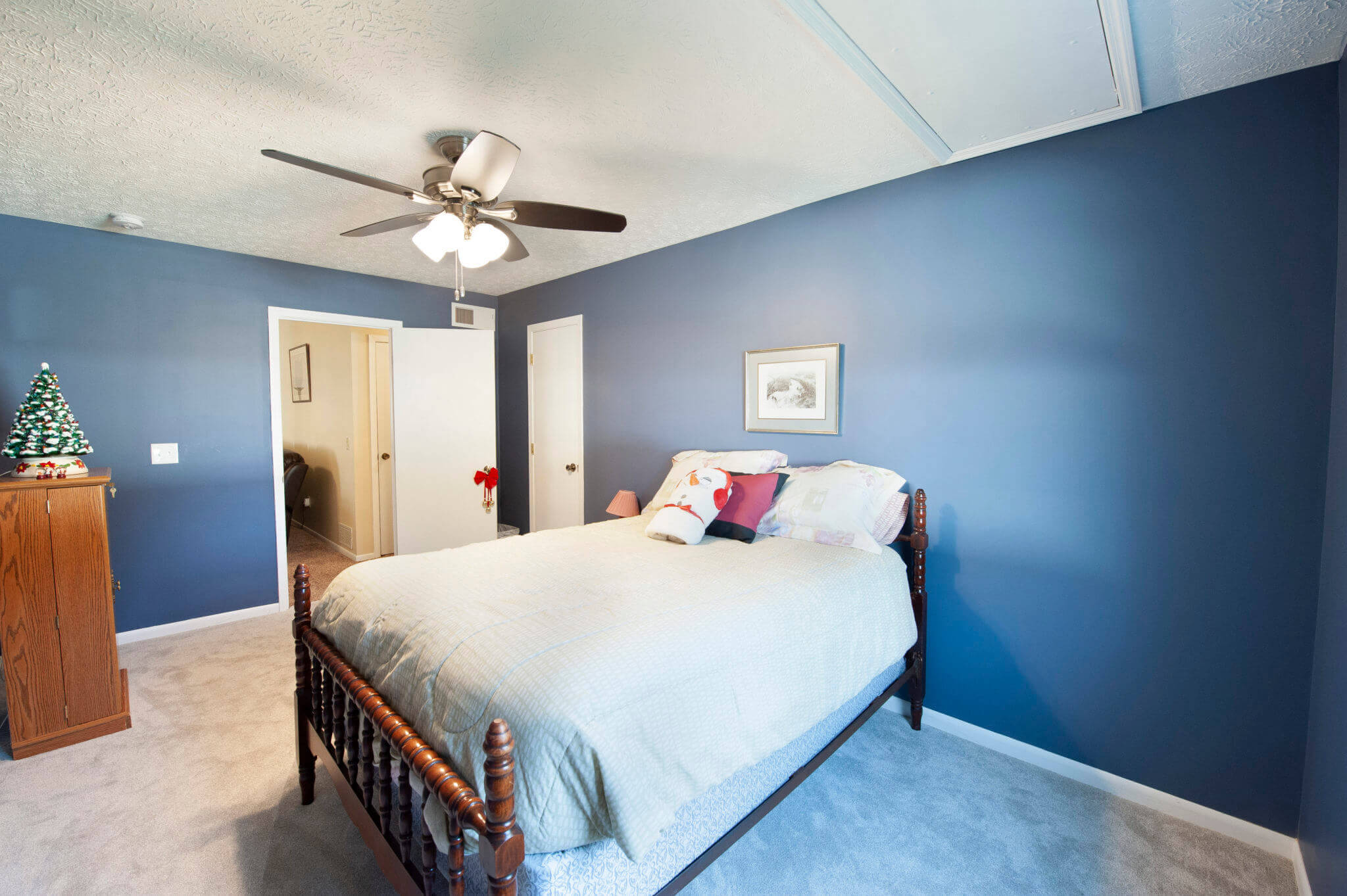 Bedroom with blue walls and ceiling fan.